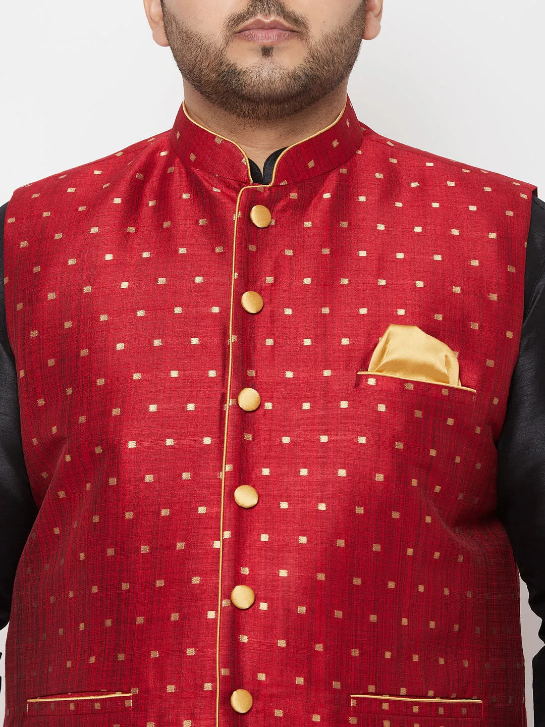 VASTRAMAY Men's Plus Size Gold Zari Weaved Nehru Jacket With Curved Kurta Dhoti set