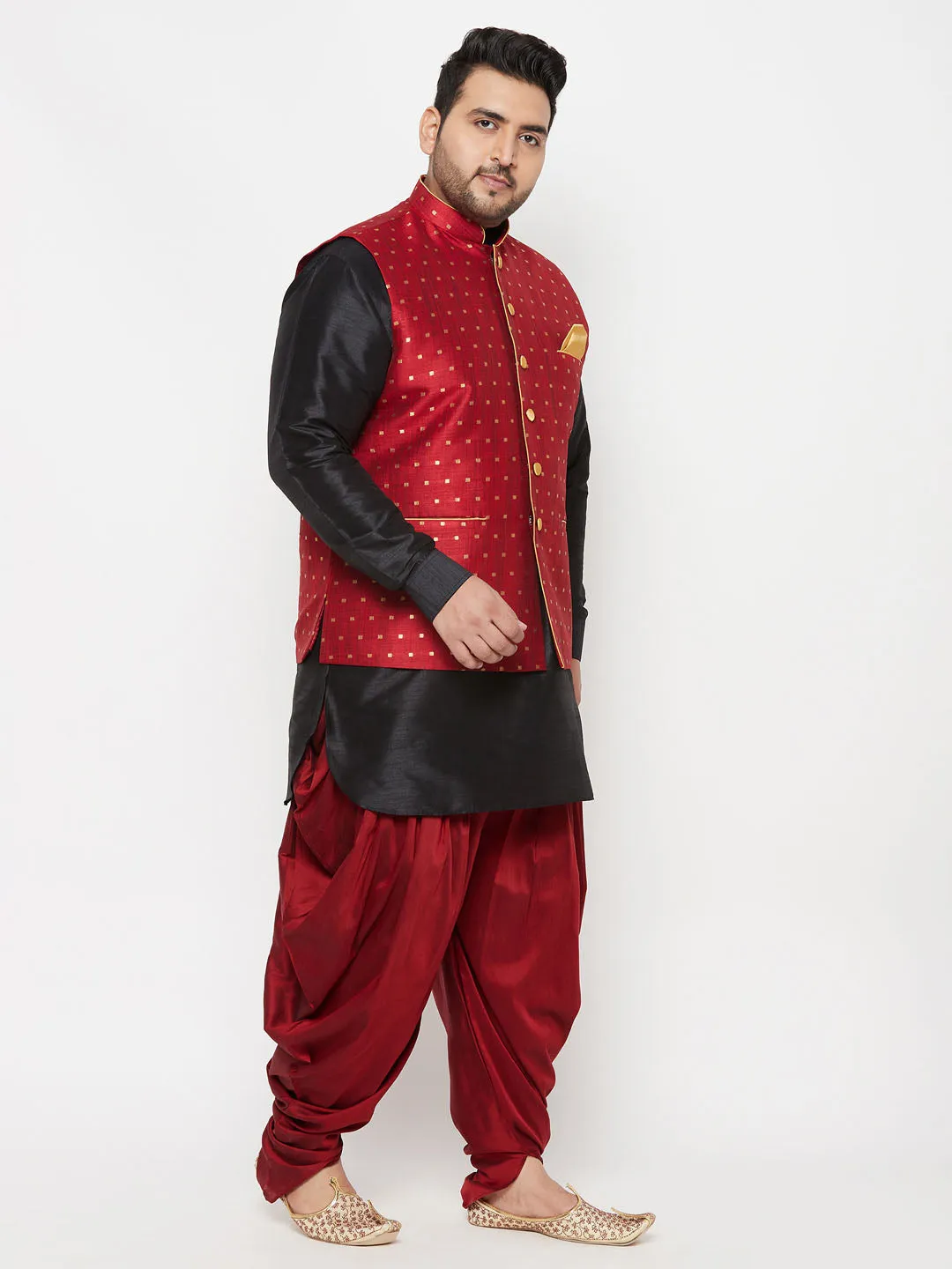 VASTRAMAY Men's Plus Size Gold Zari Weaved Nehru Jacket With Curved Kurta Dhoti set