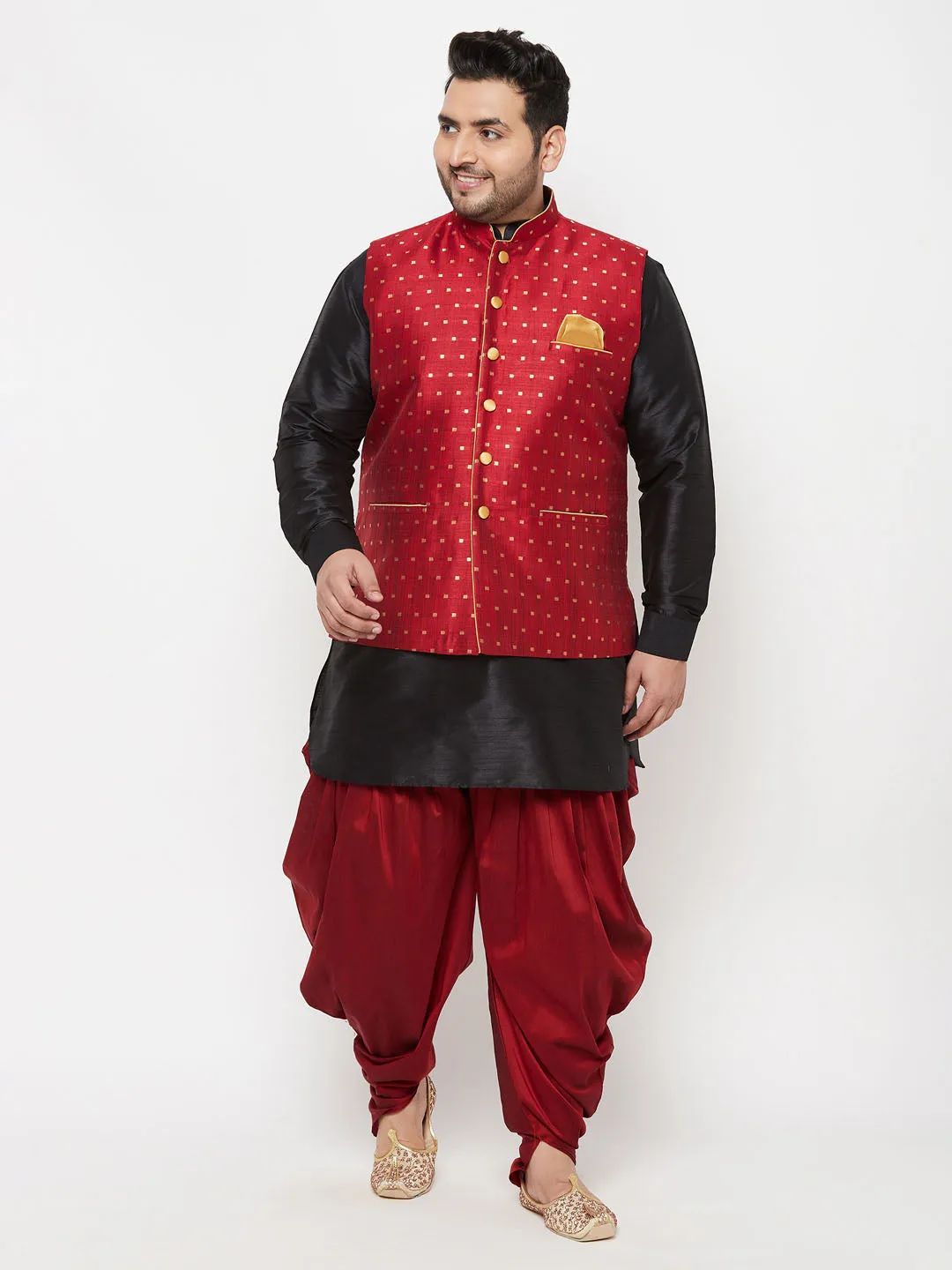 VASTRAMAY Men's Plus Size Gold Zari Weaved Nehru Jacket With Curved Kurta Dhoti set