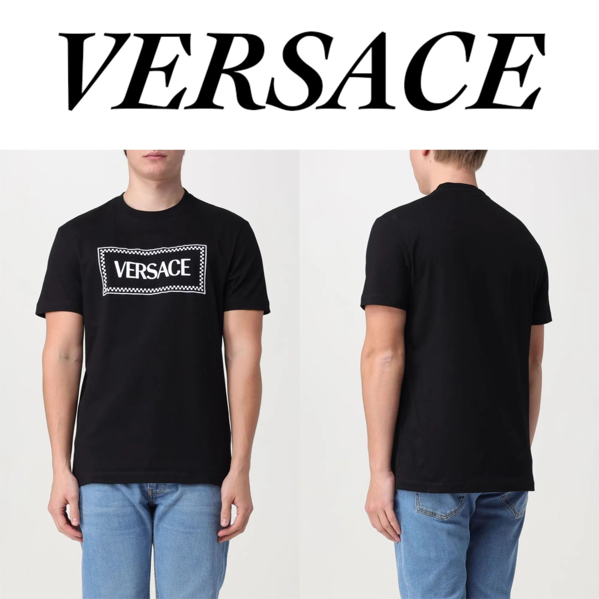 VERSACE  |Crew Neck Plain Cotton Short Sleeves Logo Luxury