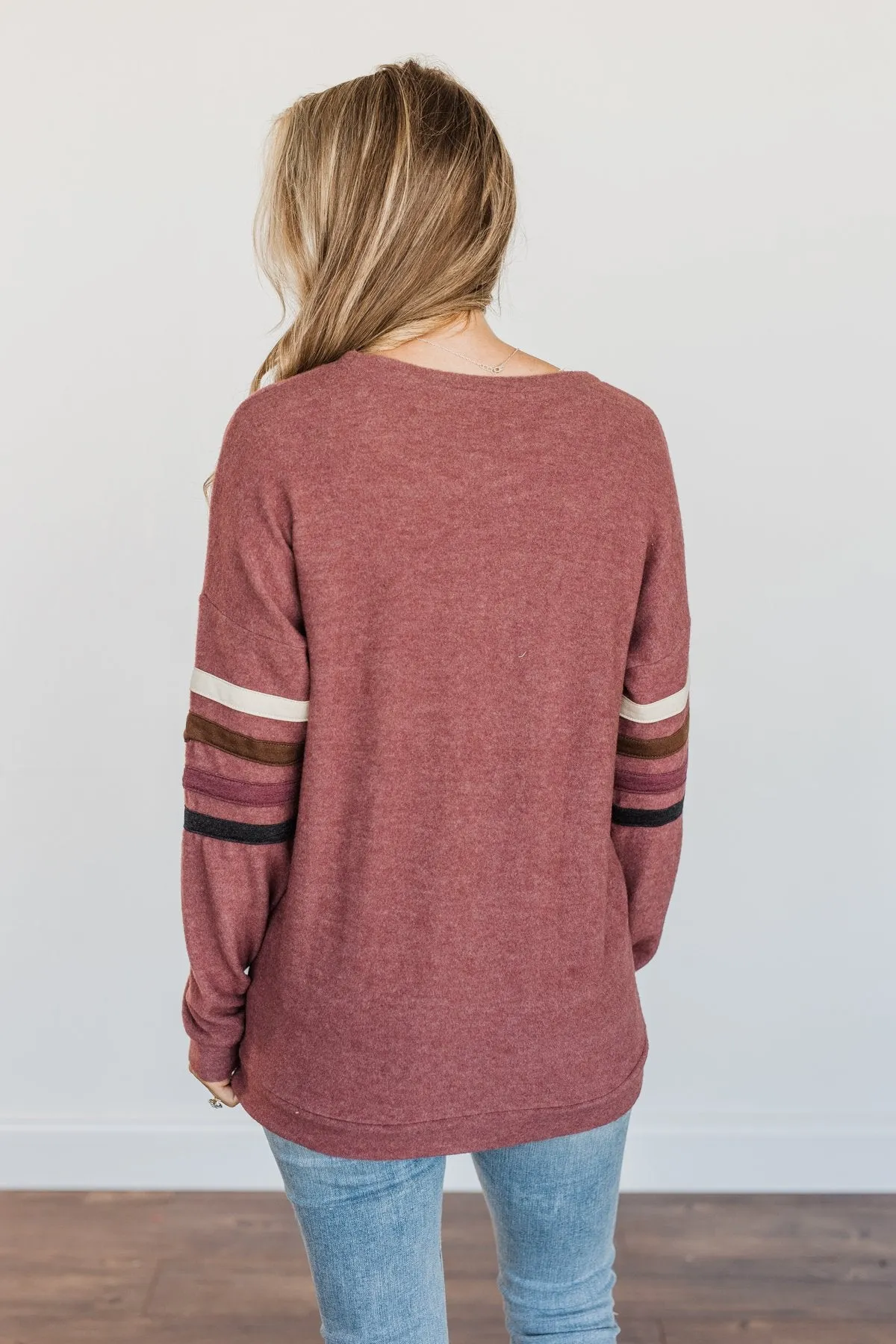 Walking Into Autumn Varsity Stripe Top- Dusty Maroon