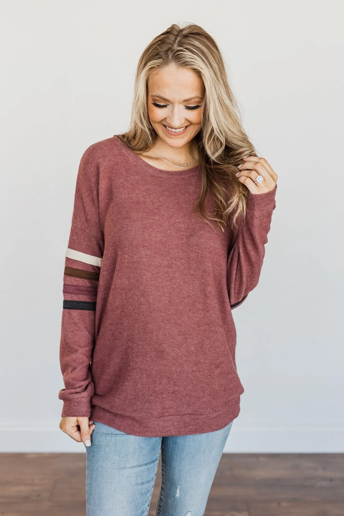 Walking Into Autumn Varsity Stripe Top- Dusty Maroon