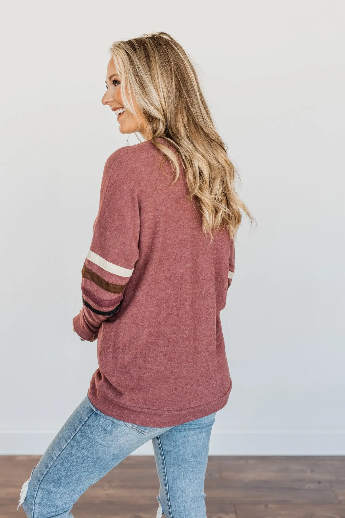 Walking Into Autumn Varsity Stripe Top- Dusty Maroon