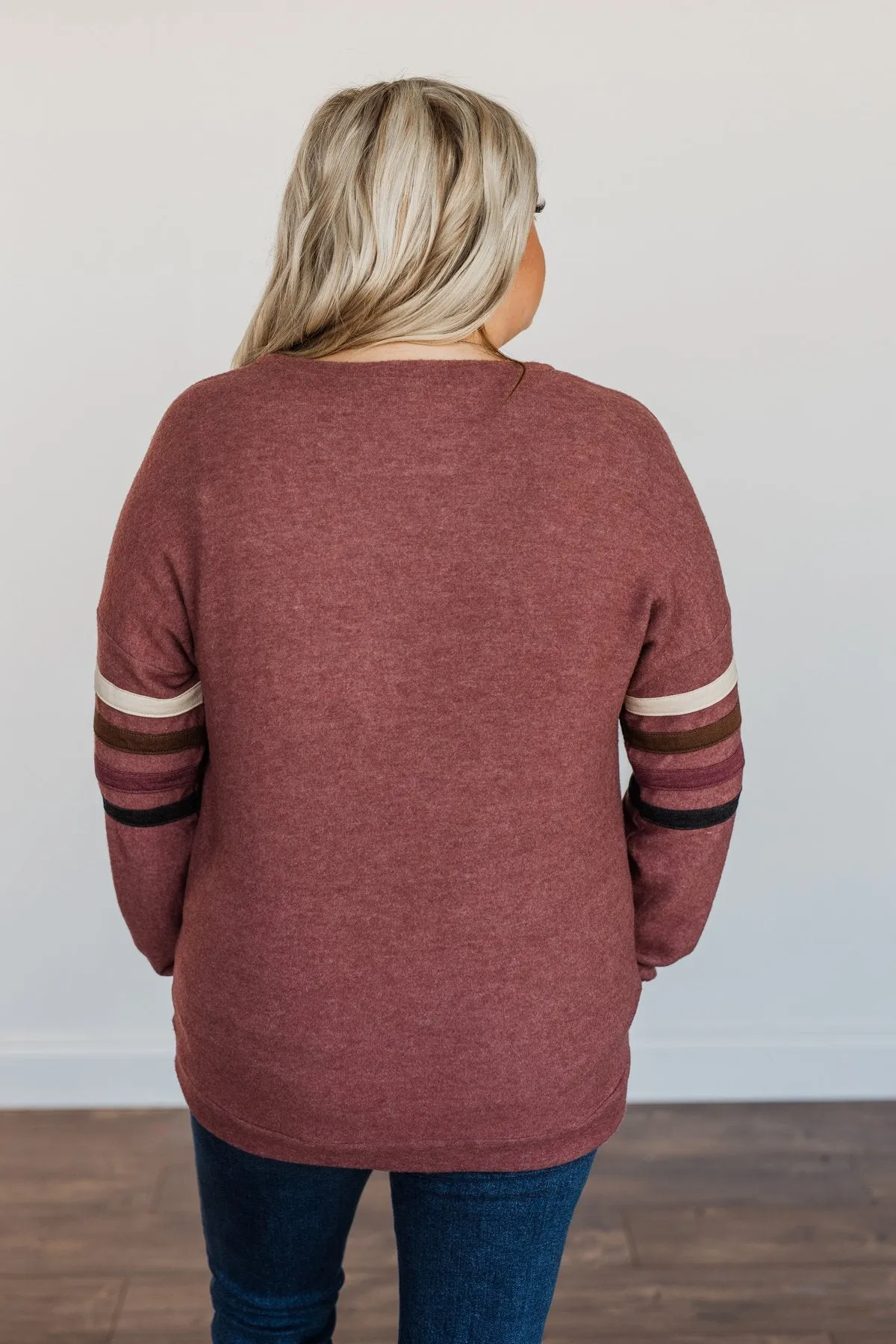 Walking Into Autumn Varsity Stripe Top- Dusty Maroon