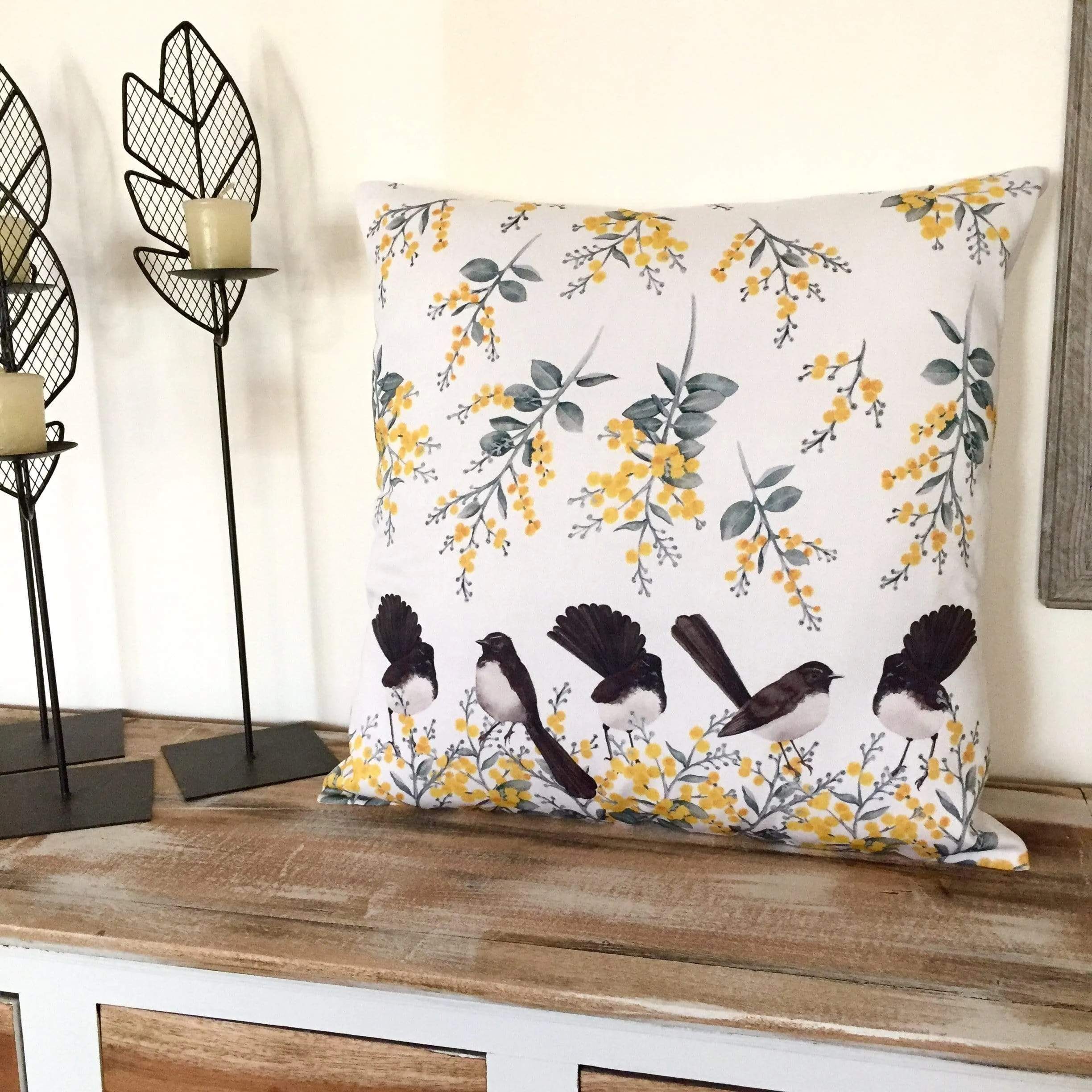 Willie Wagtail and Wattles Cushion Cover 5 birds Cotton Drill