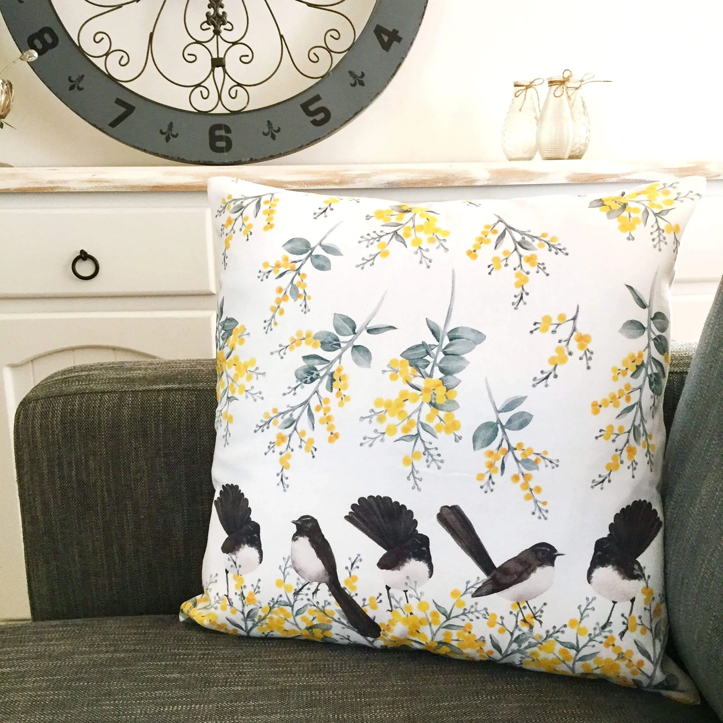 Willie Wagtail and Wattles Cushion Cover 5 birds Cotton Drill