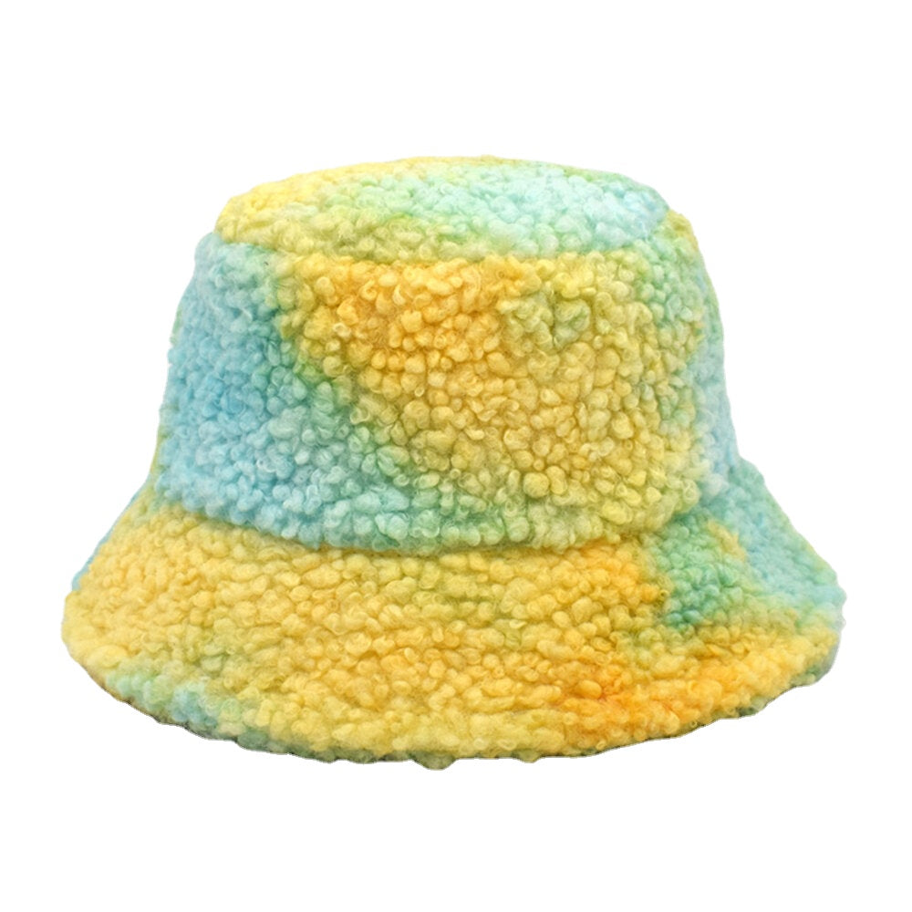 Women Tie-dye Mix Color Lamb Hair Warm Casual Cute Bucket Hat