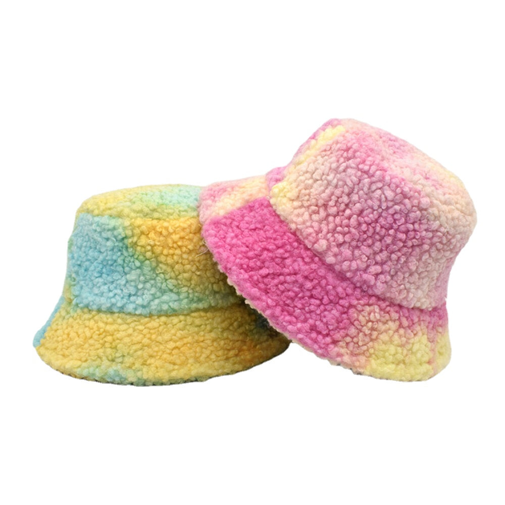 Women Tie-dye Mix Color Lamb Hair Warm Casual Cute Bucket Hat