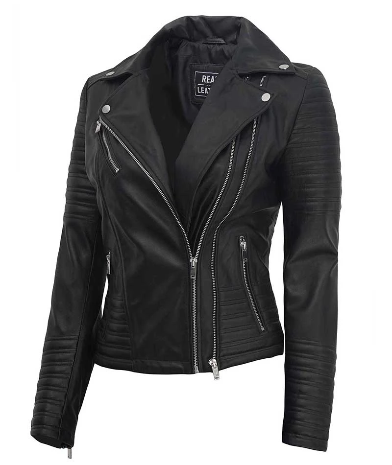 Women's Black Asymmetrical Motorcycle Leather Biker Jacket