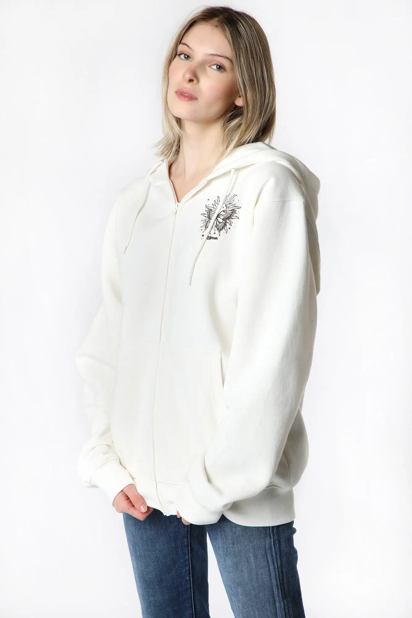 Womens Enygma Graphic Zip-Up White Hoodie