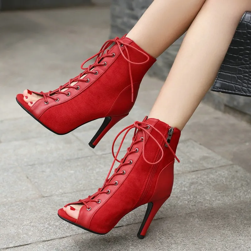 Women's Red Fashion High Heel Peep Toe Indoor Dance Gladiator Boot Shoes