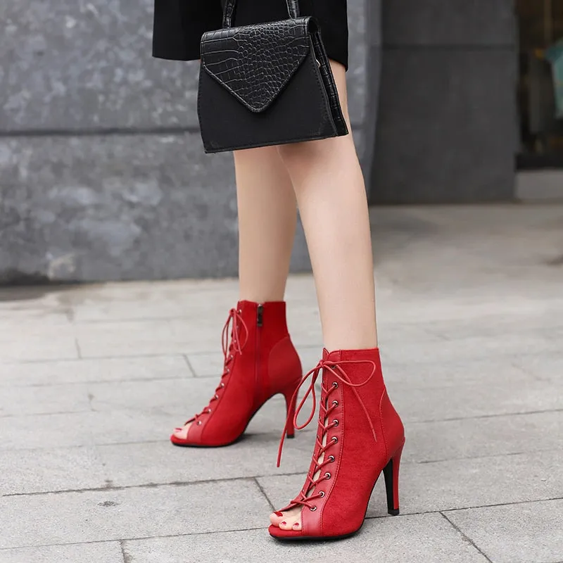 Women's Red Fashion High Heel Peep Toe Indoor Dance Gladiator Boot Shoes