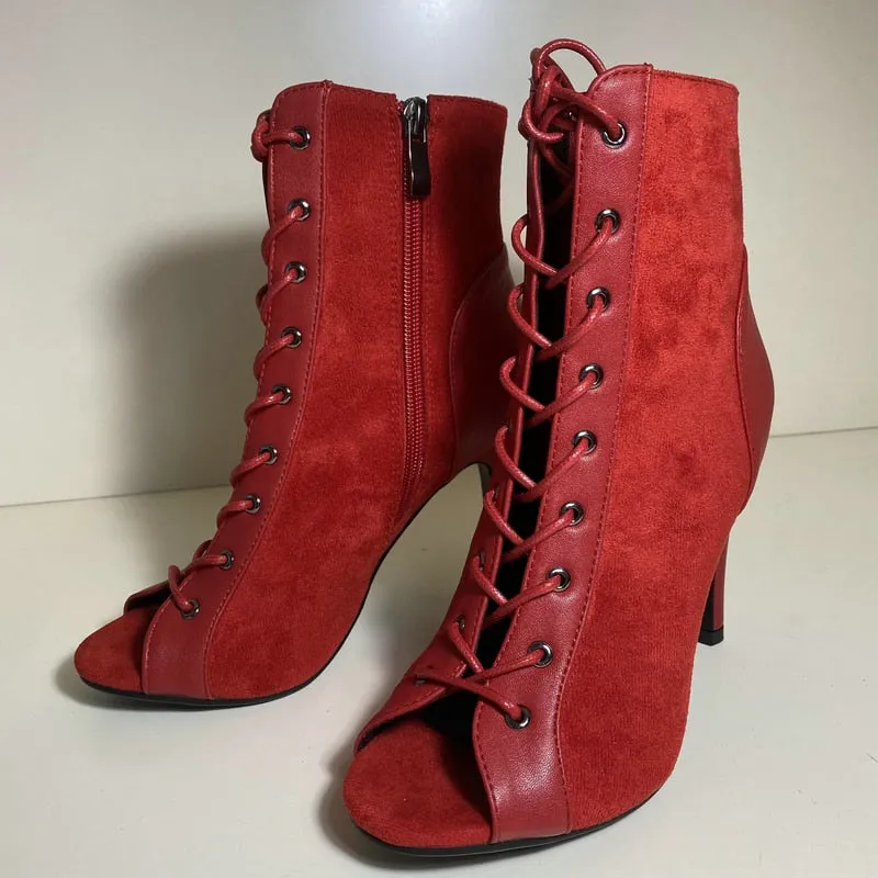 Women's Red Fashion High Heel Peep Toe Indoor Dance Gladiator Boot Shoes