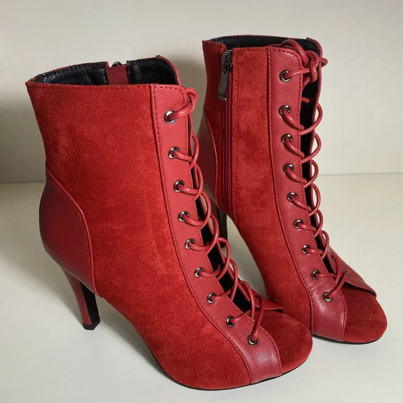 Women's Red Fashion High Heel Peep Toe Indoor Dance Gladiator Boot Shoes