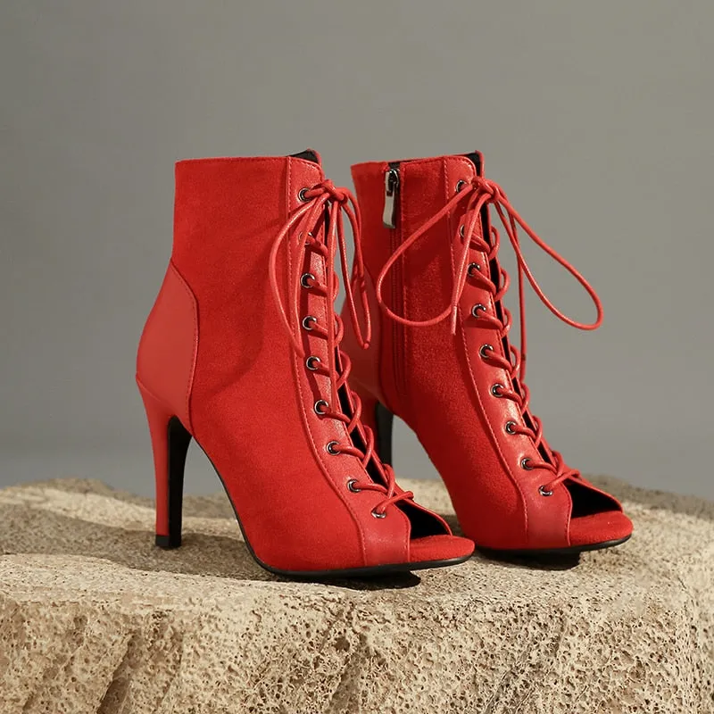 Women's Red Fashion High Heel Peep Toe Indoor Dance Gladiator Boot Shoes