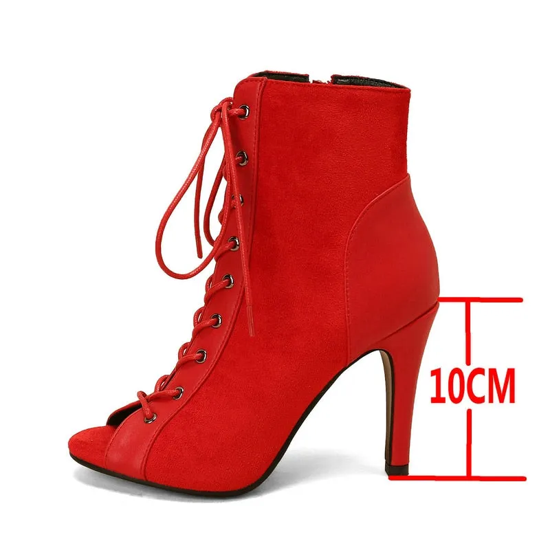 Women's Red Fashion High Heel Peep Toe Indoor Dance Gladiator Boot Shoes