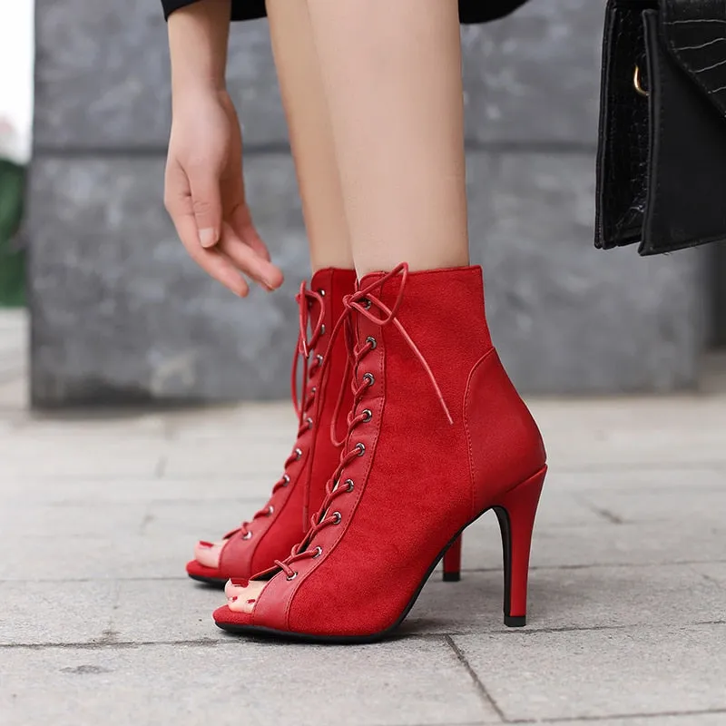 Women's Red Fashion High Heel Peep Toe Indoor Dance Gladiator Boot Shoes