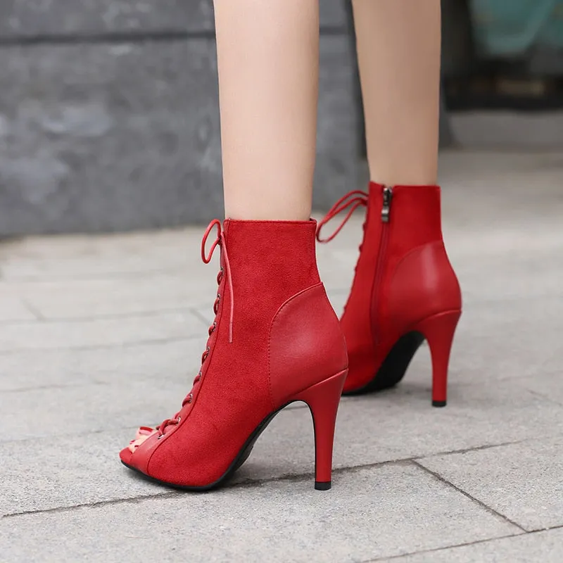 Women's Red Fashion High Heel Peep Toe Indoor Dance Gladiator Boot Shoes